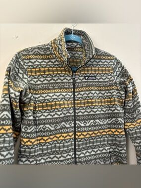 Columbia Fleece Jacket green full zip geometric kids L (14/16) striped yellow